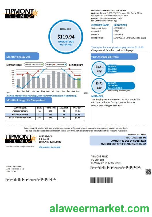 USA Indiana Tipmont utility bill template in Word and PDF format